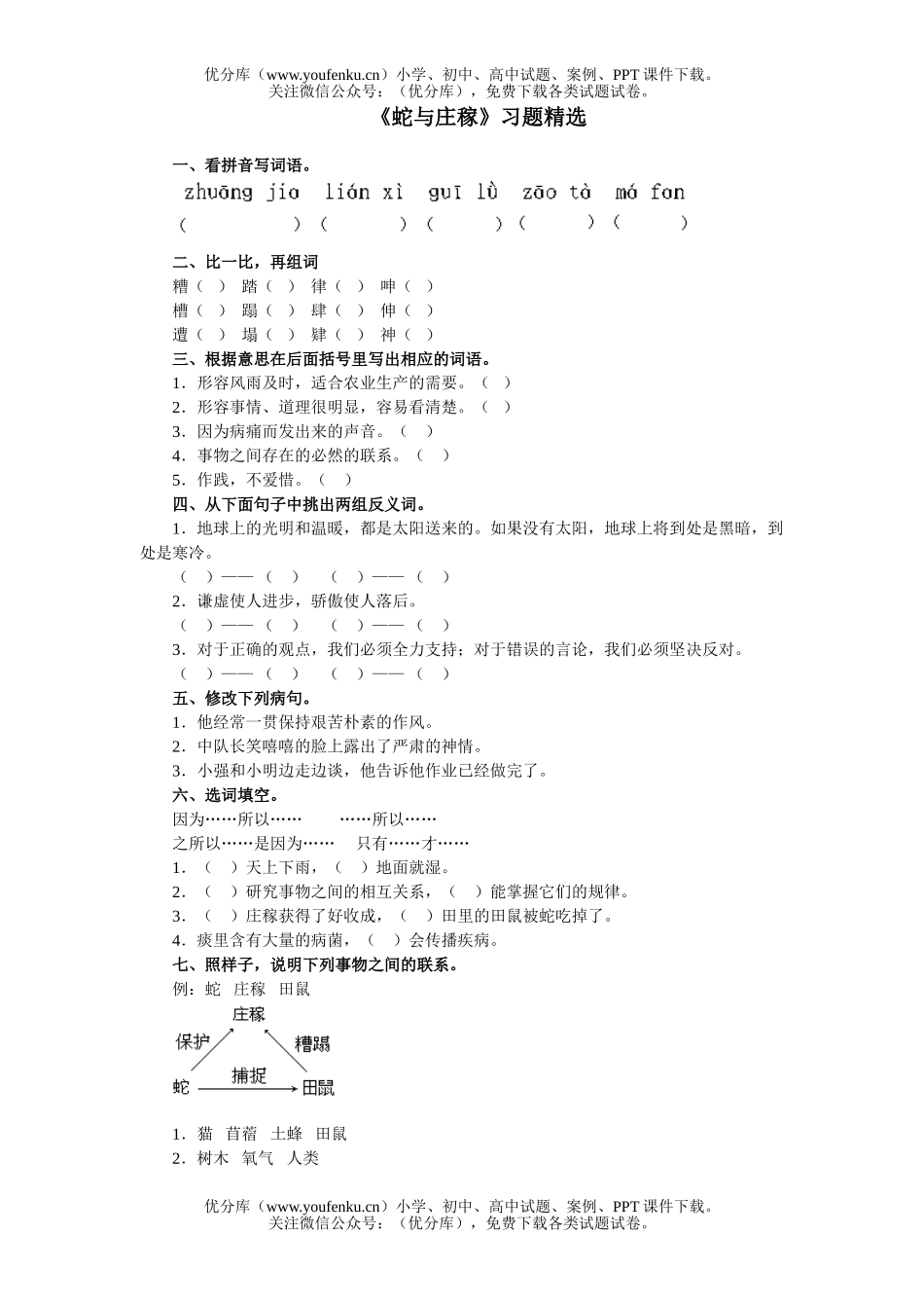 小学五年级语文人教版蛇与庄稼练习题试卷_第1页