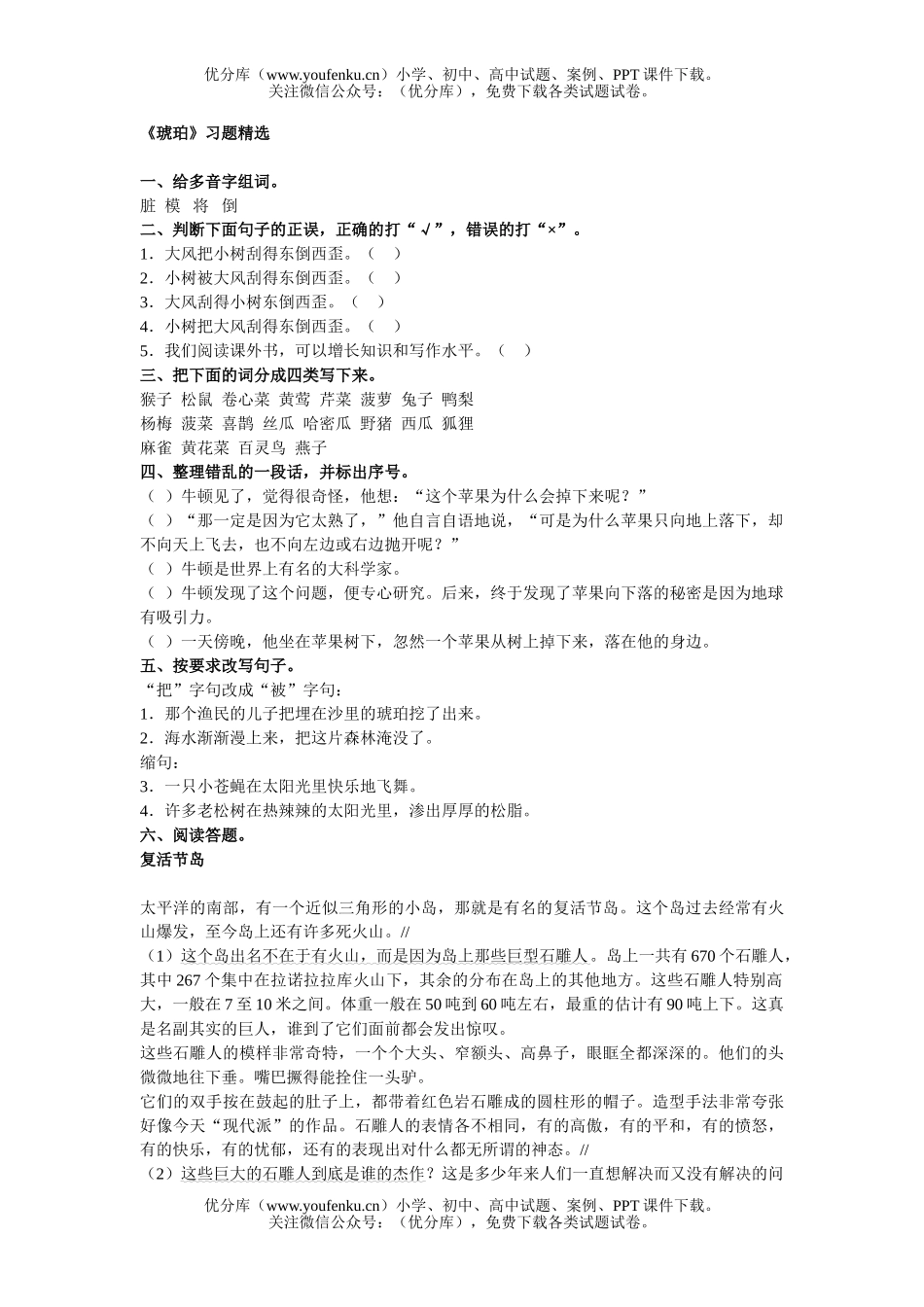 小学五年级语文人教版琥珀习题精选试卷_第1页