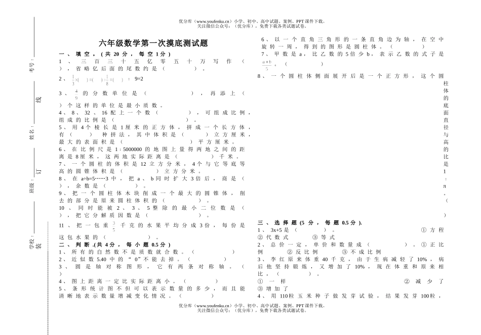 小学六年级数学第一次摸底测试卷_第1页