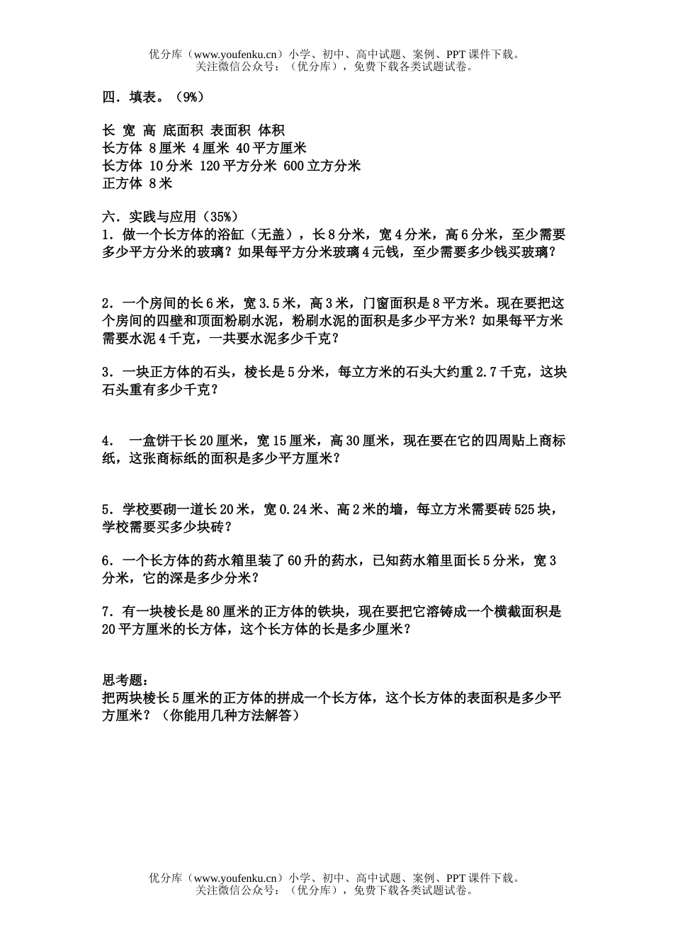 小学五年级数学长方体和正方体单元练习试卷_第2页