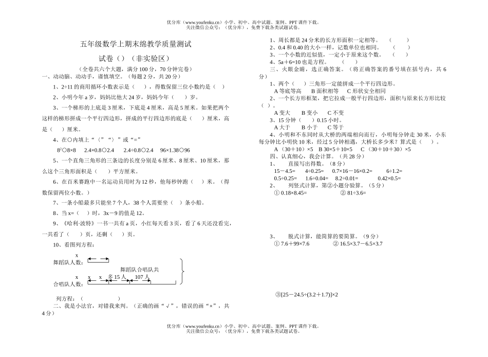 小学五年级数学人教版上期末绵教学质量测试卷_第1页