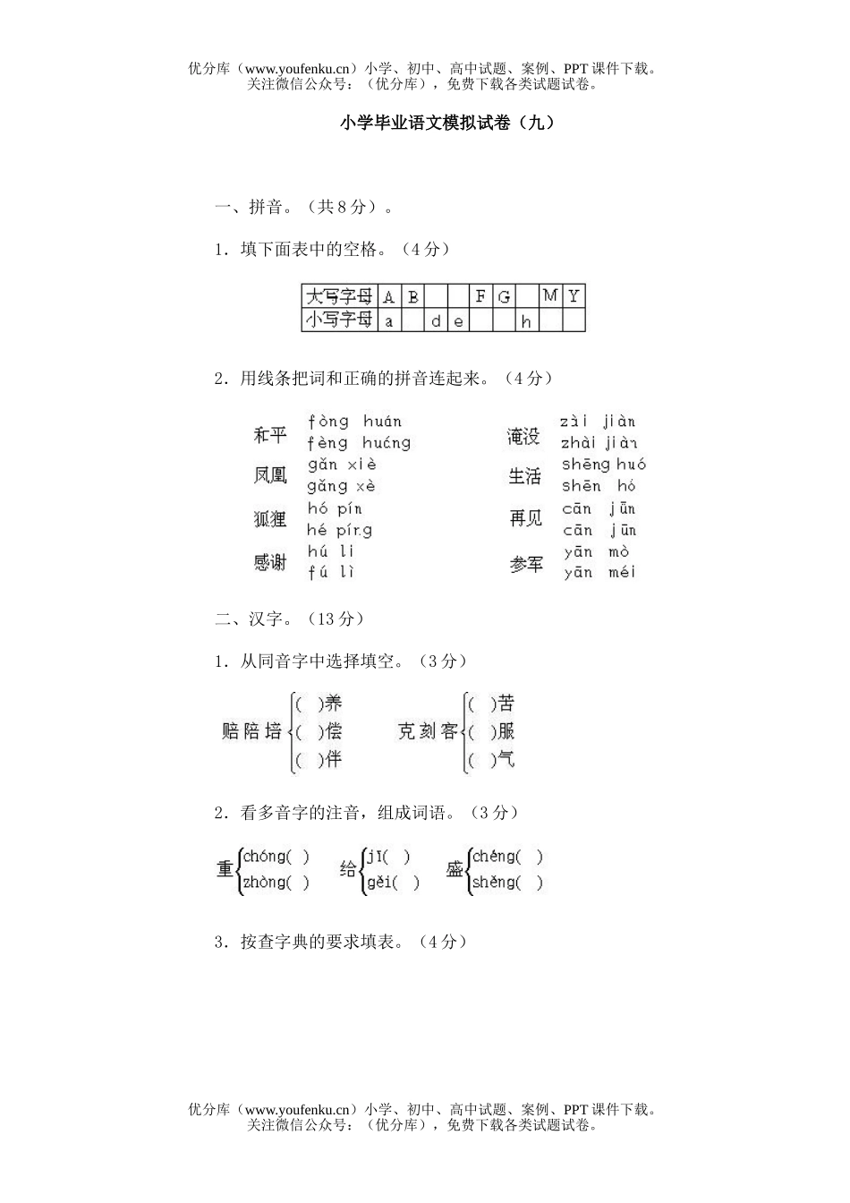 小学六年级语文毕业模拟(九)试卷_第1页