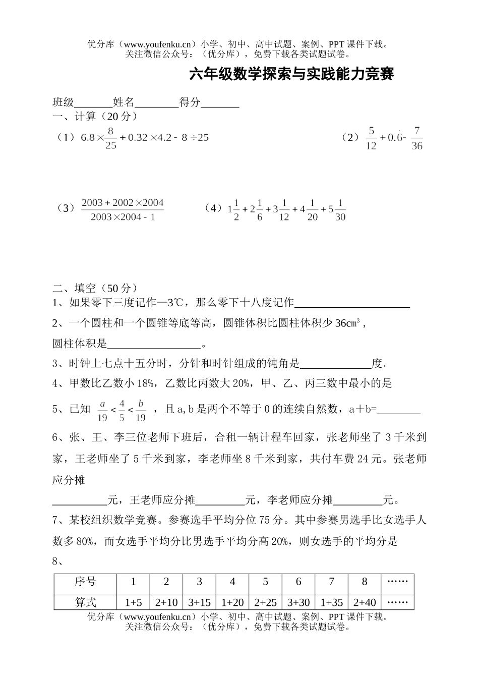 小学六年级数学探索与实践能力竞赛试卷_第1页