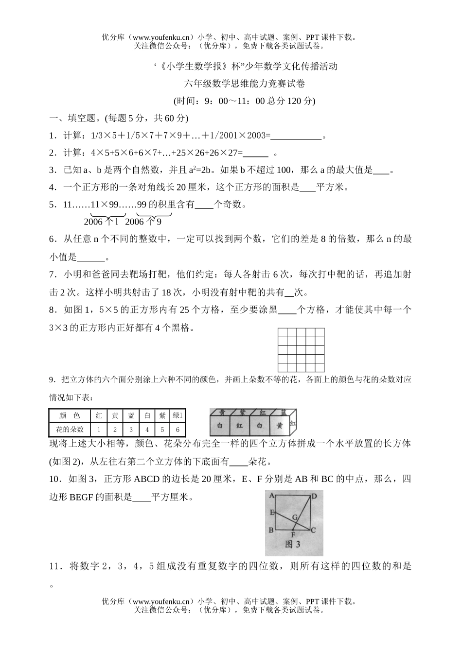 小学六年级数学思维能力竞赛试卷_第1页