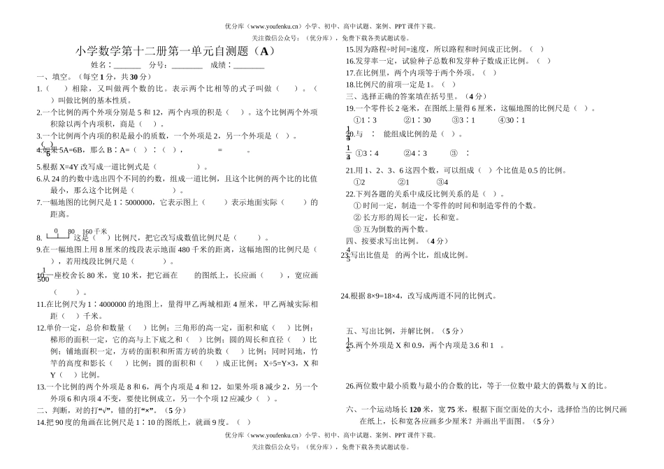 小学六年级数学第十二册第一单(A)试卷_第1页