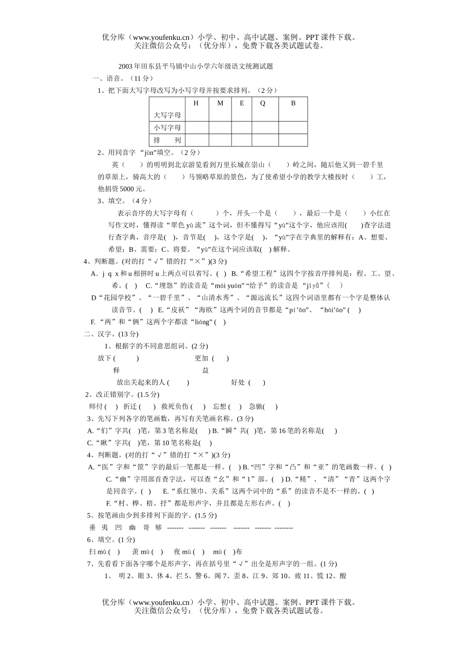 小学六年级语文统测试卷_第1页