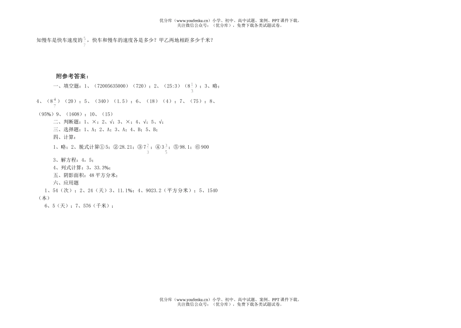 小学六年级数学毕业考试模拟 1试卷_第3页