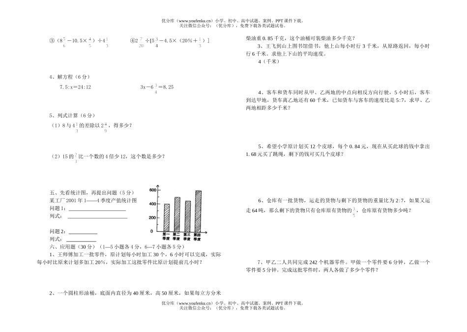 小学六年级数学毕业模拟四试卷_第2页
