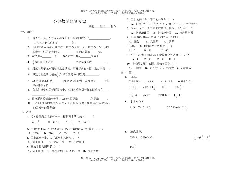 小学六年级数学第十二册总复习试卷_第1页