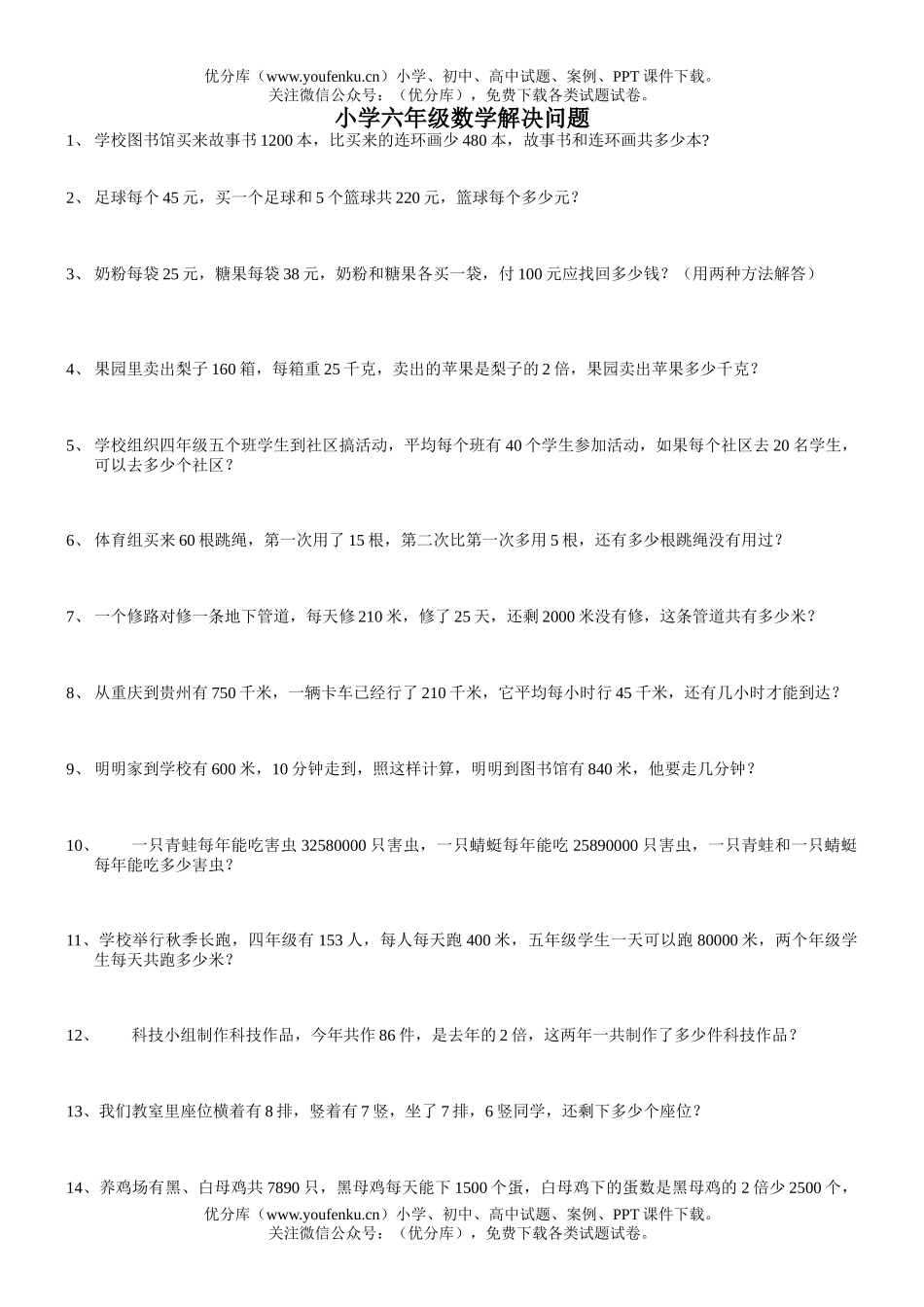 小学六年级数学解决问题试卷_第1页