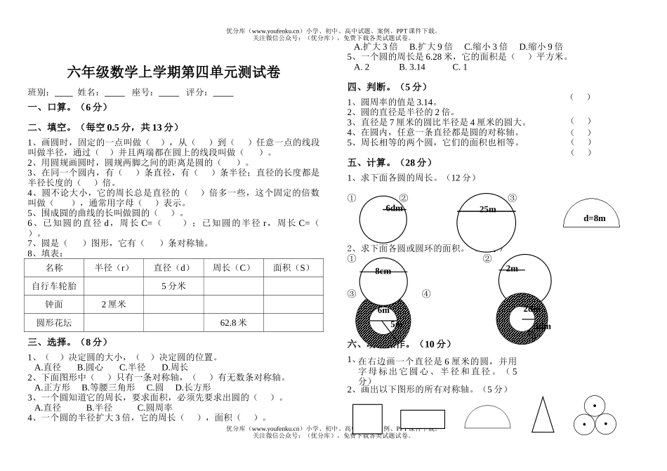 小学六年级数学上学期第四单元测试卷_第1页