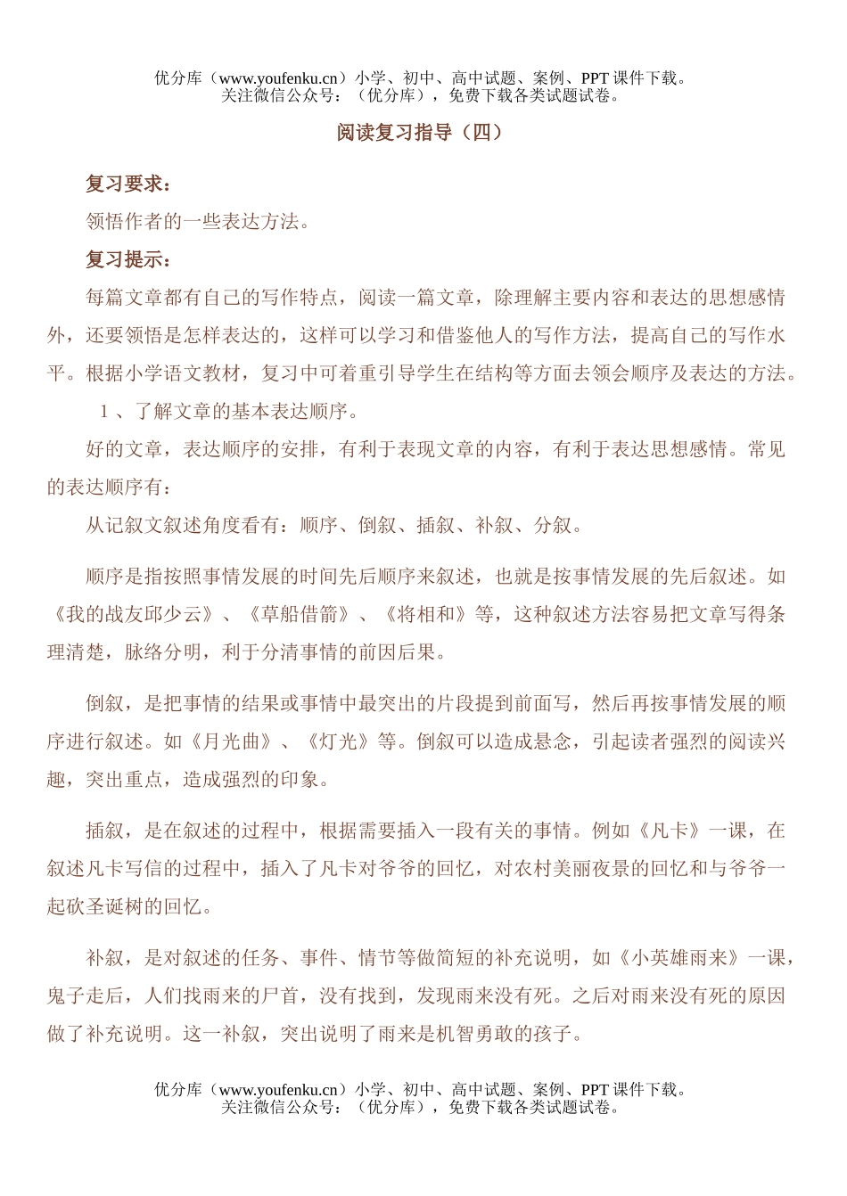 小学六年级语文人教版阅读复习指导四试卷_第1页