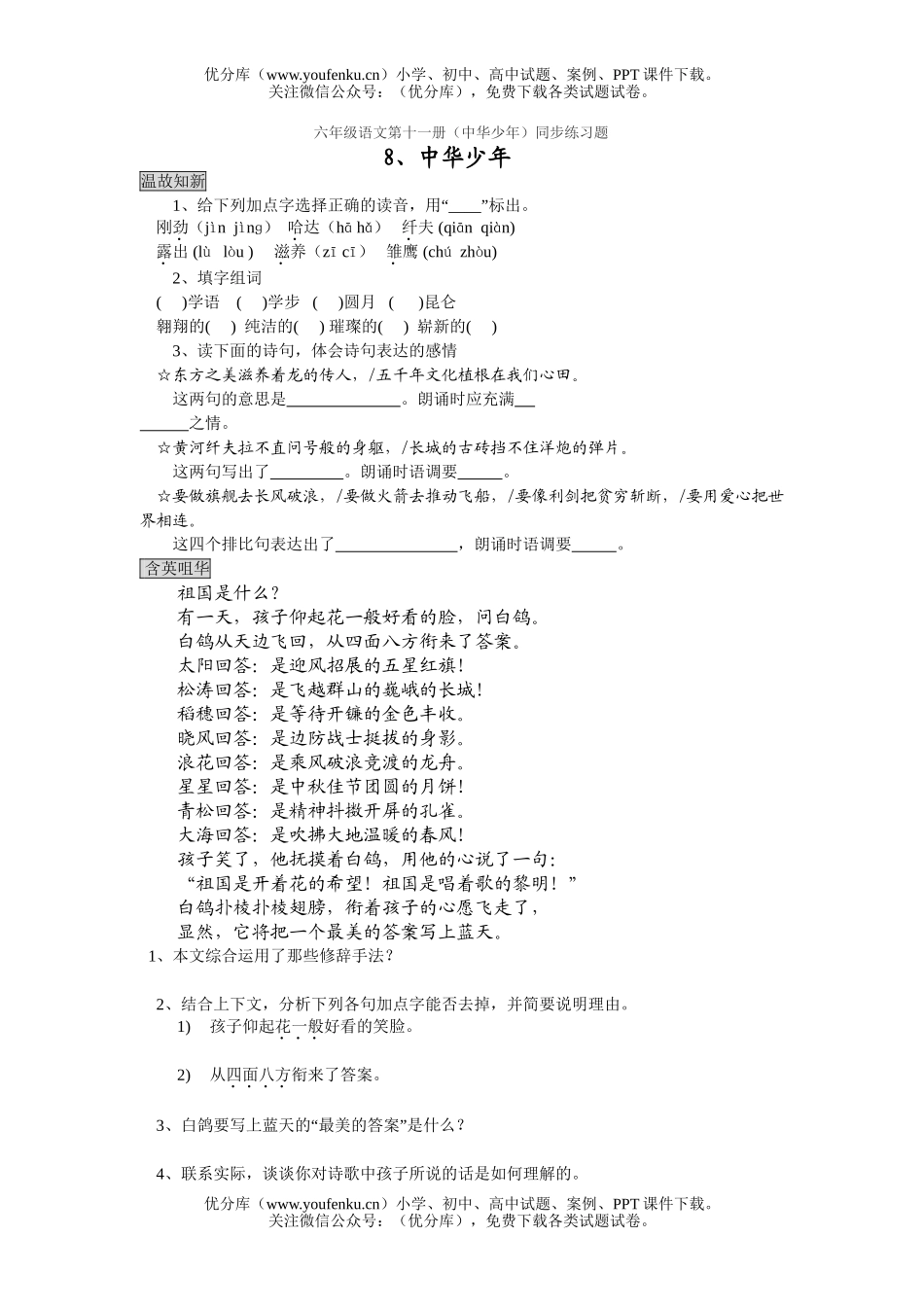 小学六年级语文人教版中华少年练习题试卷_第1页