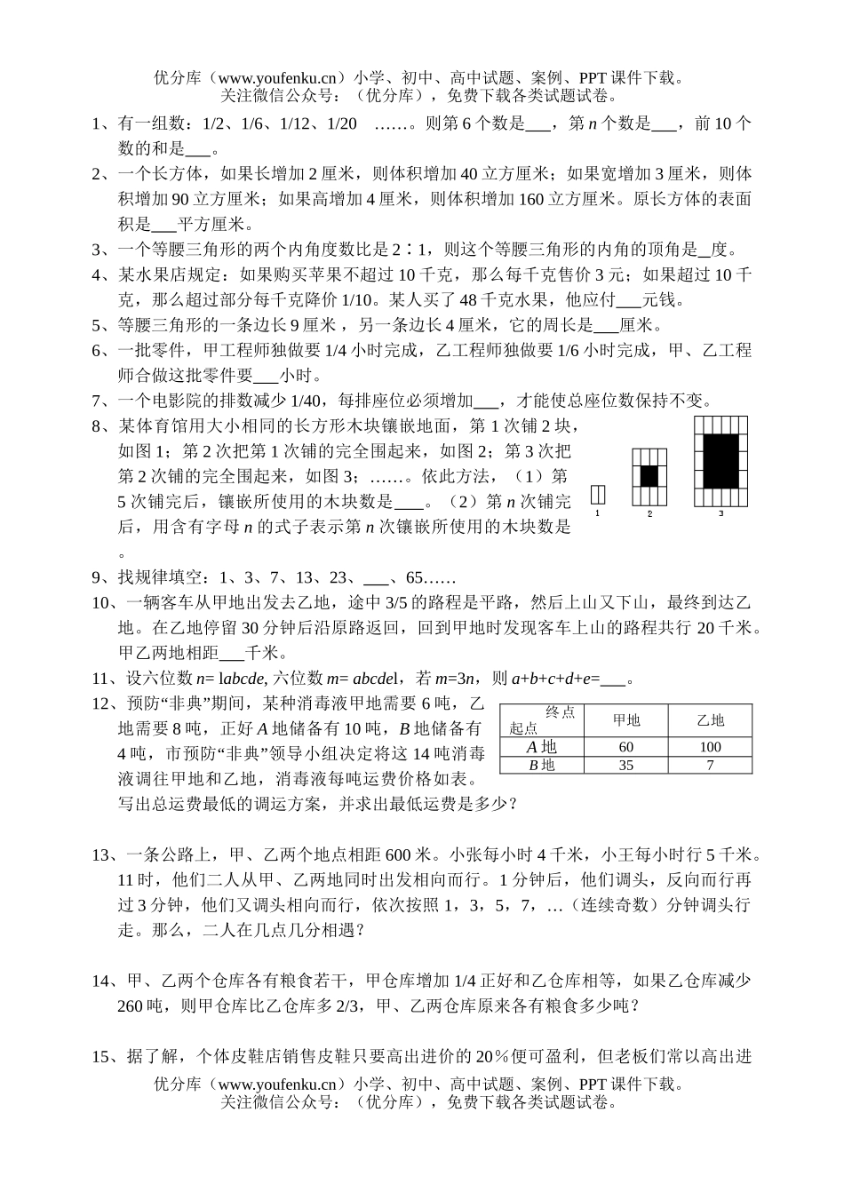 小学六年级数学下册提优训练3试卷_第1页