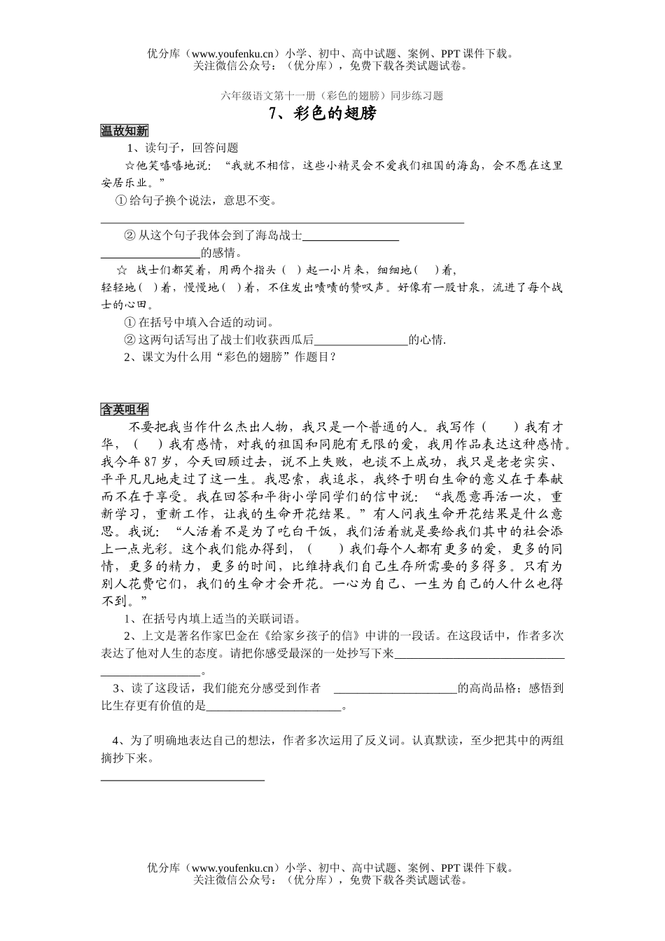 小学六年级语文人教版彩色的翅膀练习题试卷_第1页