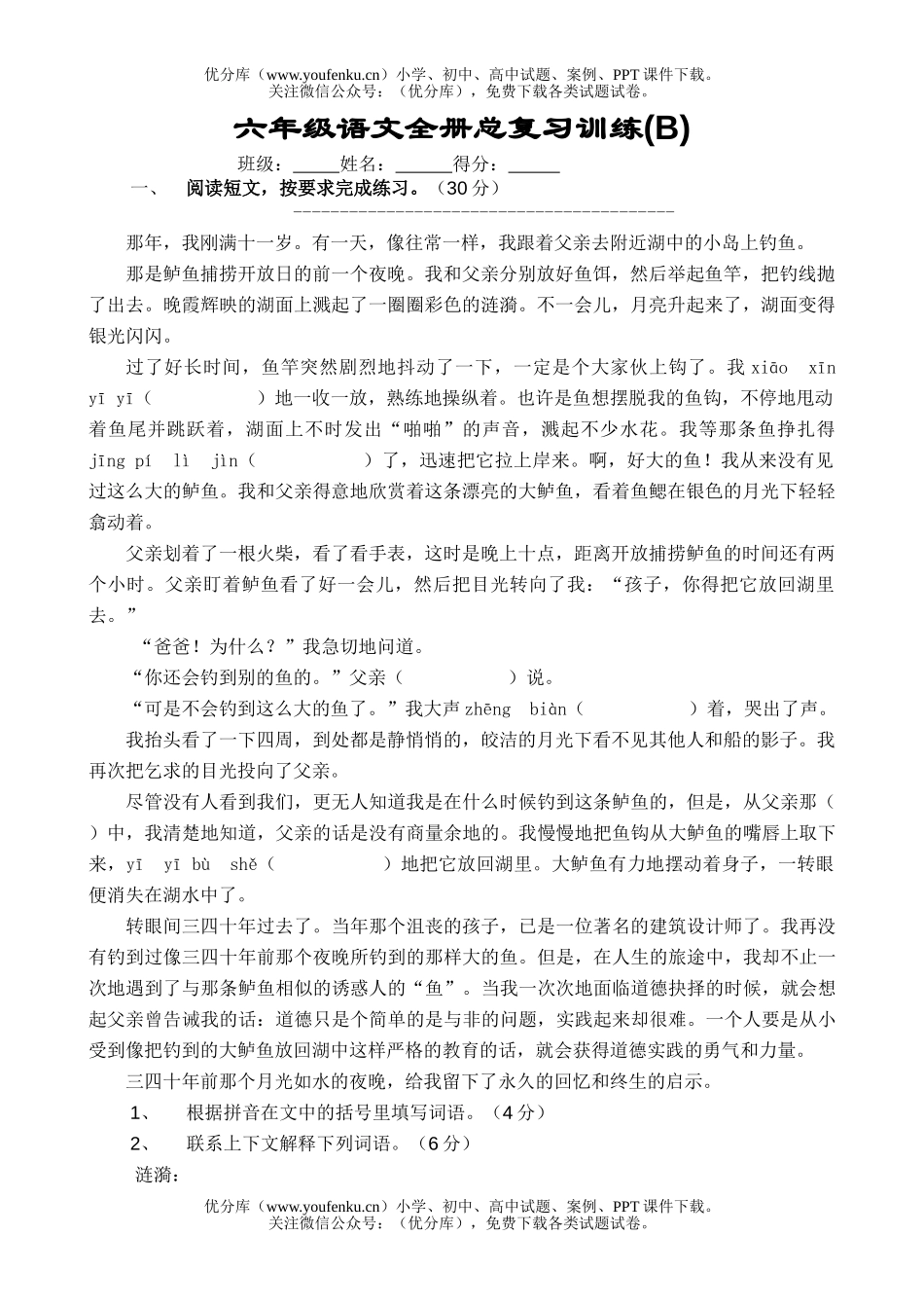 小学六年级语文苏教版全册总复习训练试卷_第1页