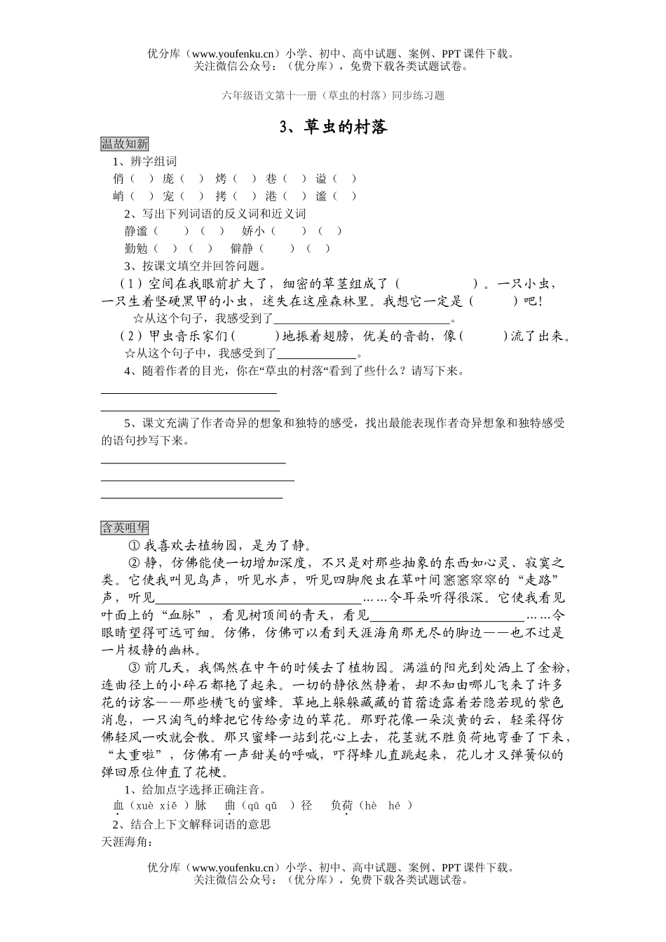 小学六年级语文人教版草虫的村落练习题试卷_第1页