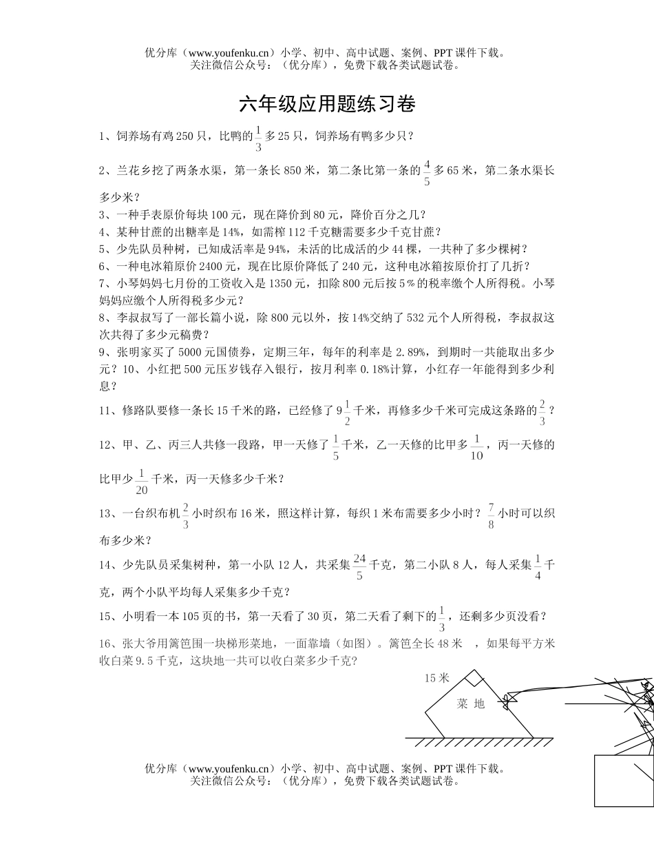 小学六年级数学应用题练习试卷_第1页