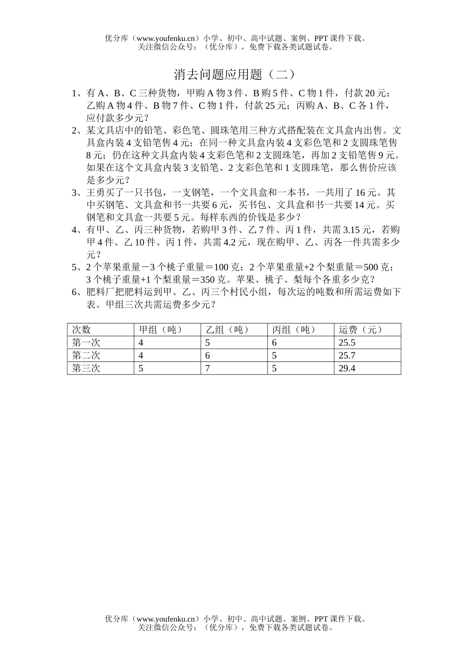 小学六年级数学消去问题应用题练习2试卷_第1页