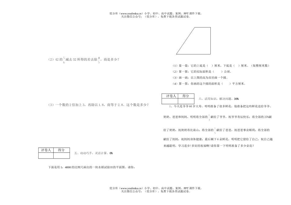 小学六年级数学毕业生模拟水平测试卷_第3页