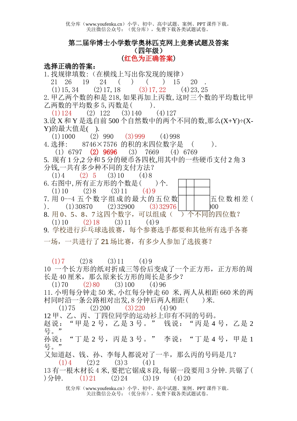 小学综合第二届华博士奥林匹克竞赛及答案(奥数精选)试卷_第1页