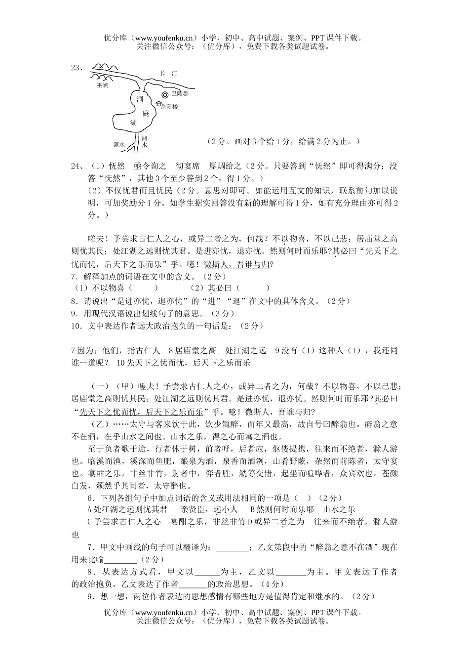 初中七年级语文岳阳楼记试卷_第2页