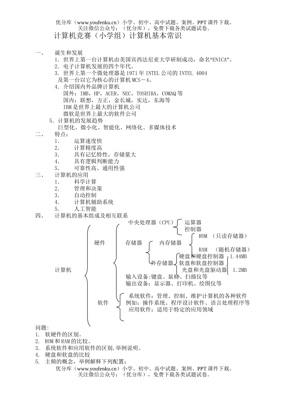 小学综合计算机竞赛(组)计算机基本常识试卷_第1页