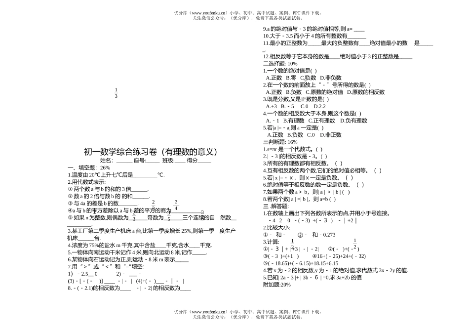 初中七年级数学10份试卷_第1页