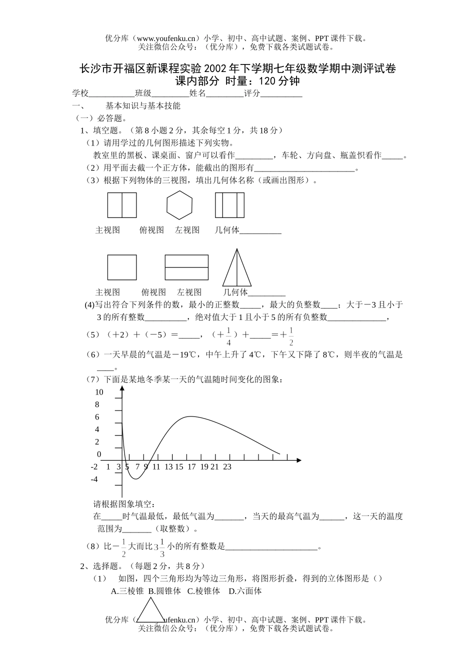 初中七年级数学长沙期中测试卷_第1页