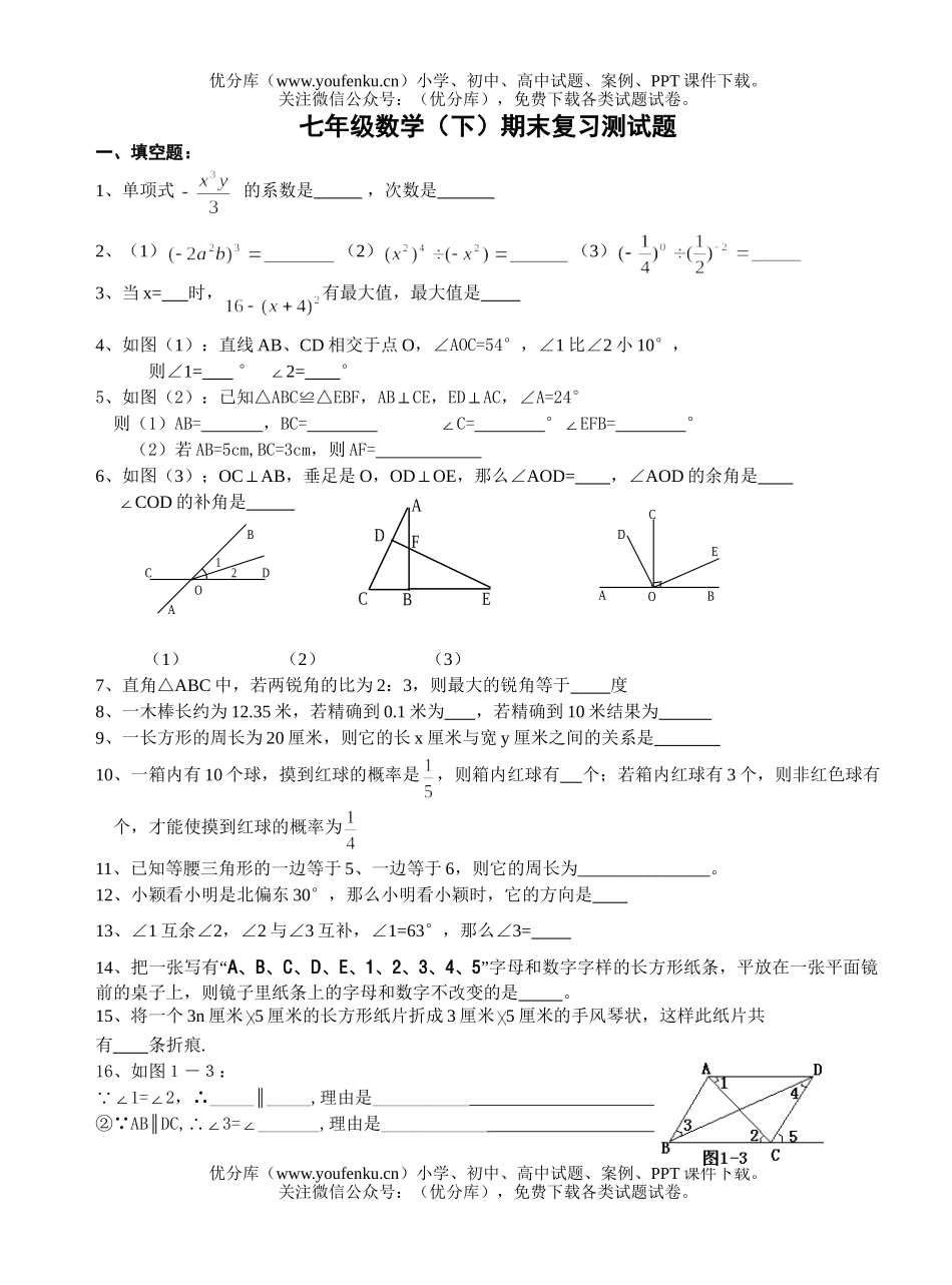 初中七年级数学(下)期末复习测试卷_第1页