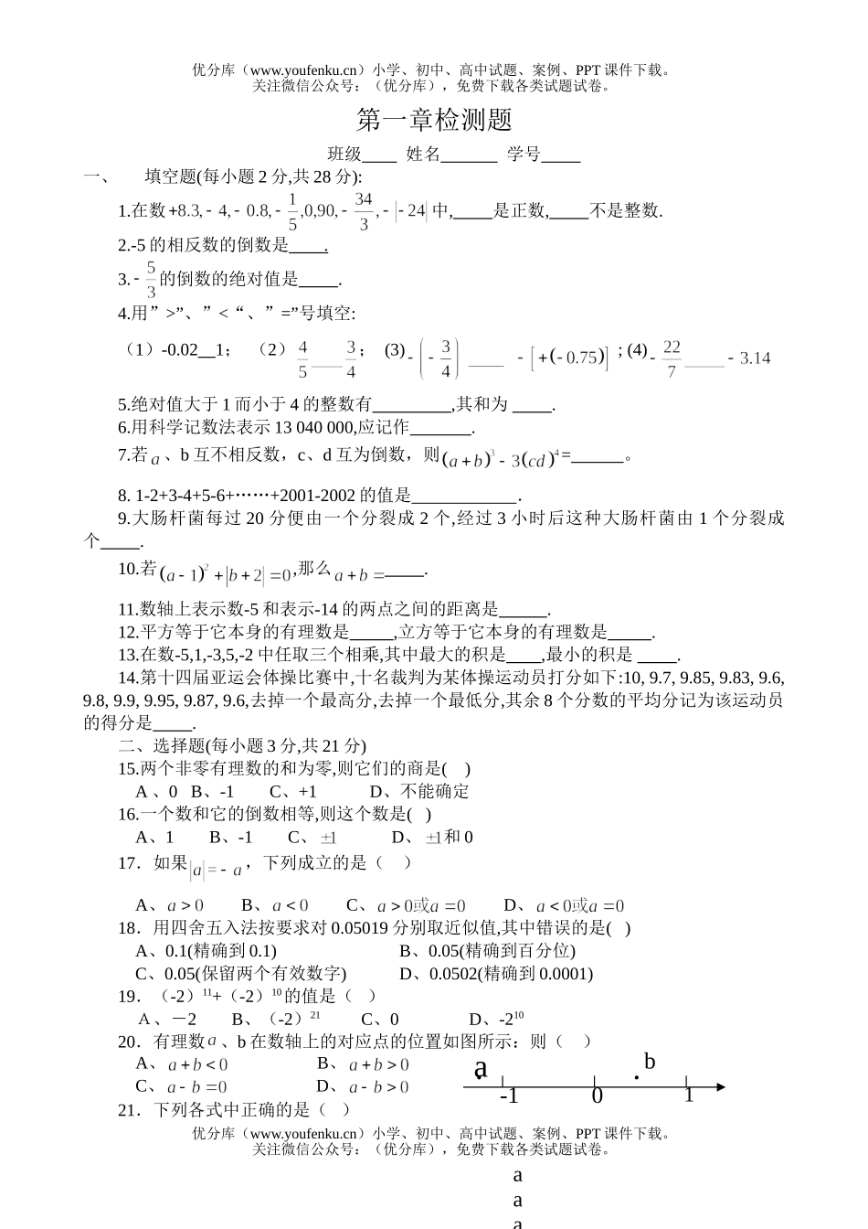 初中七年级数学第一单元测试卷_第1页