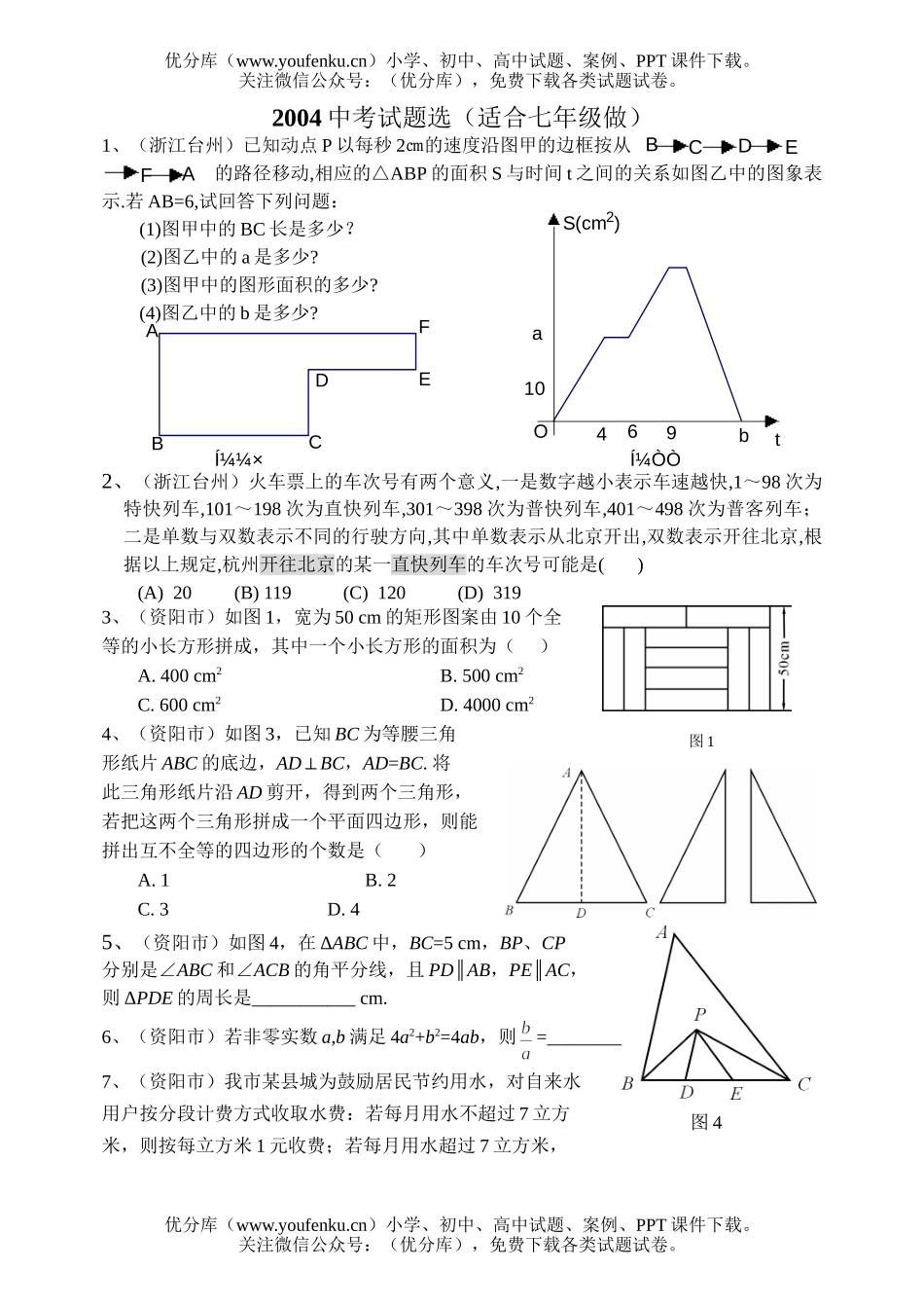 初中七年级数学2004中考选(适合做)试卷_第1页