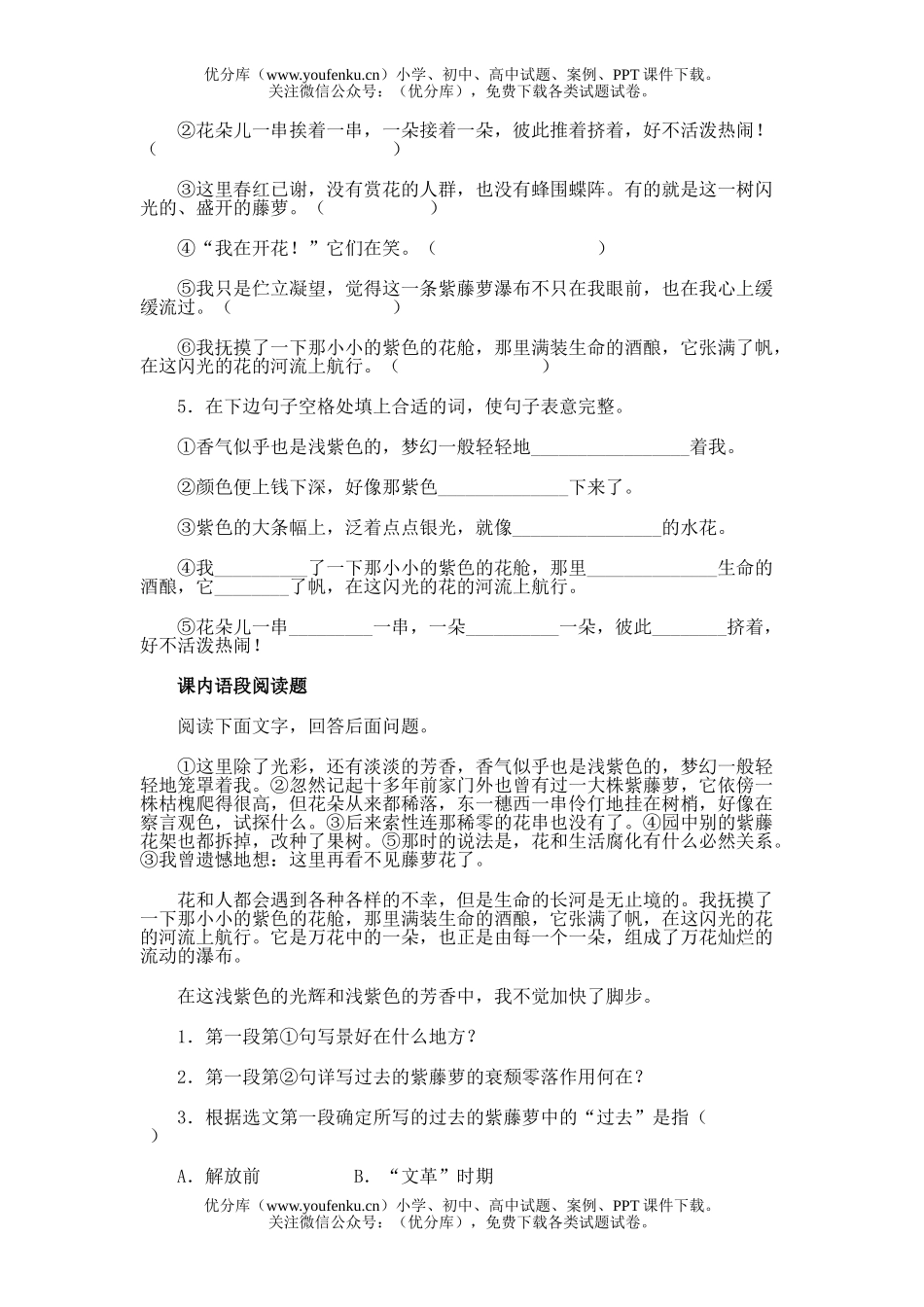 初中七年级语文4 紫藤萝瀑布试卷_第1页