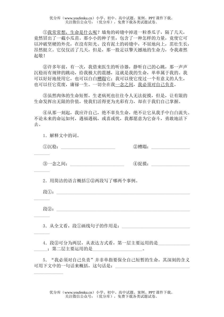 初中七年级语文3生命 生命试卷_第2页