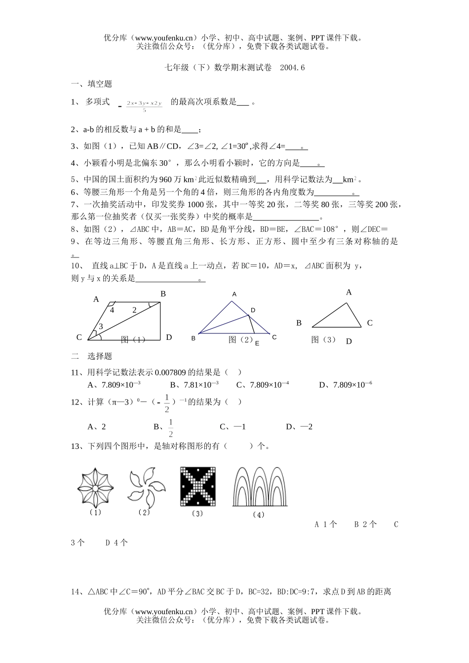 初中七年级数学下期末试卷_第1页
