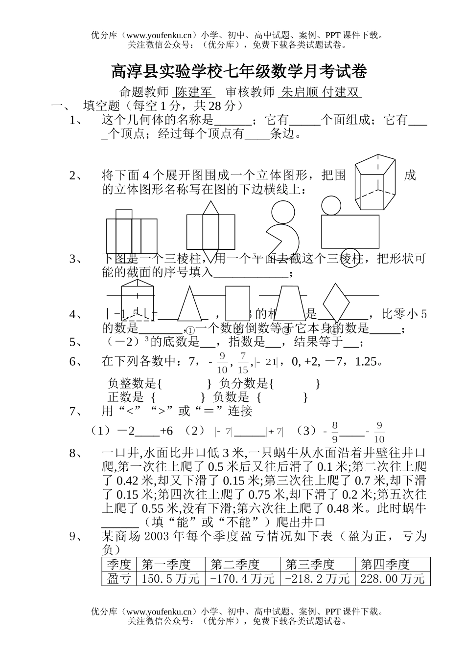 初中七年级数学月考试卷_第1页