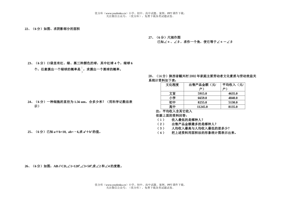 初中七年级数学下学期期中考试卷_第1页