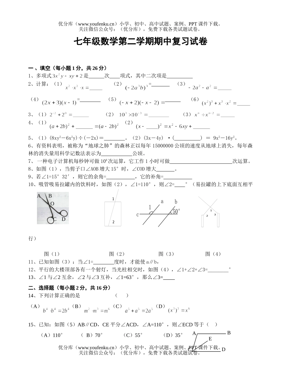 初中七年级数学第二学期期中复习试卷_第1页