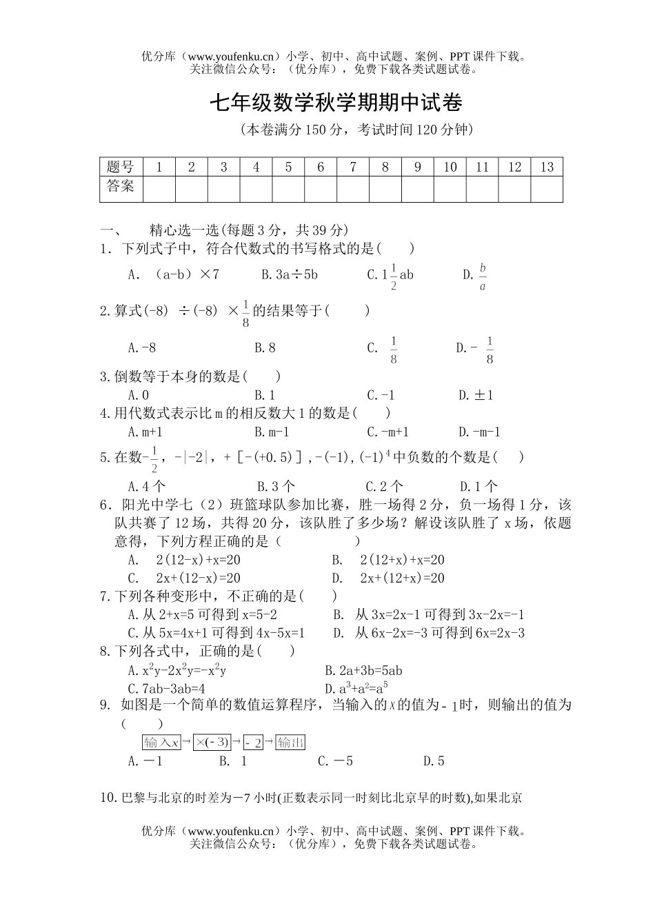 初中七年级数学秋学期期中试卷_第1页