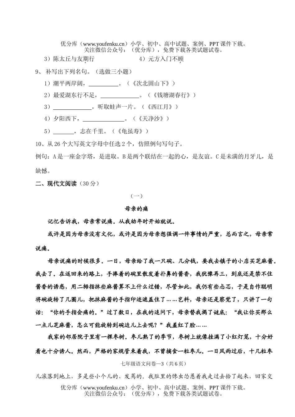 初中七年级语文12月考[上学期]试卷_第3页