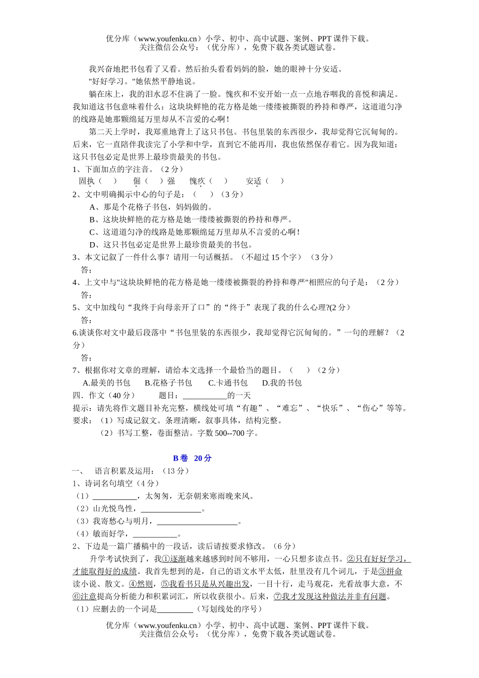 初中七年级语文期中考试卷_第3页