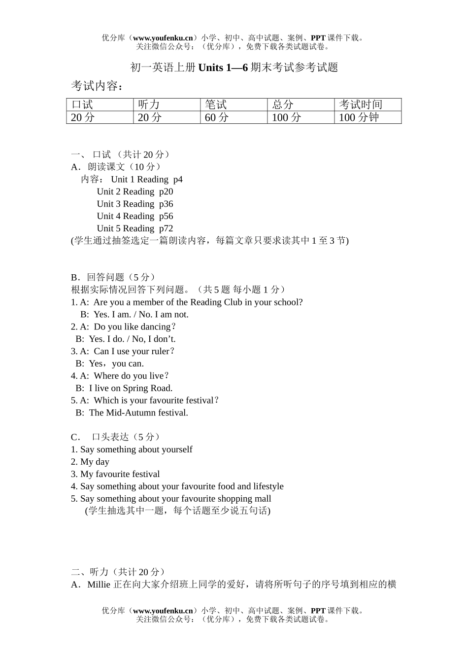 初中七年级英语上册Units 1—6期末考试参考试卷_第1页