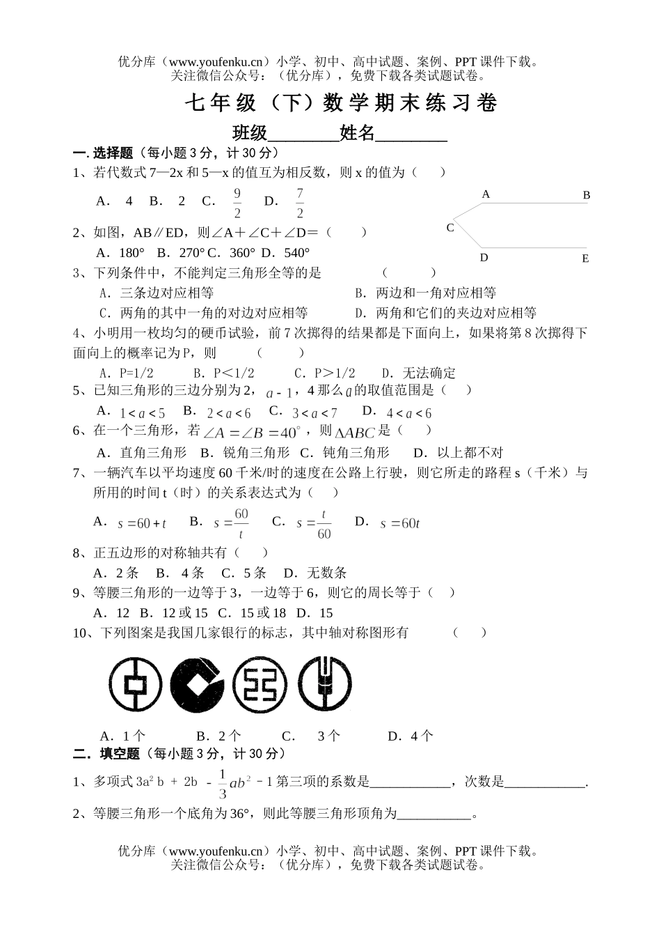 初中七年级数学期末复习试卷_第1页