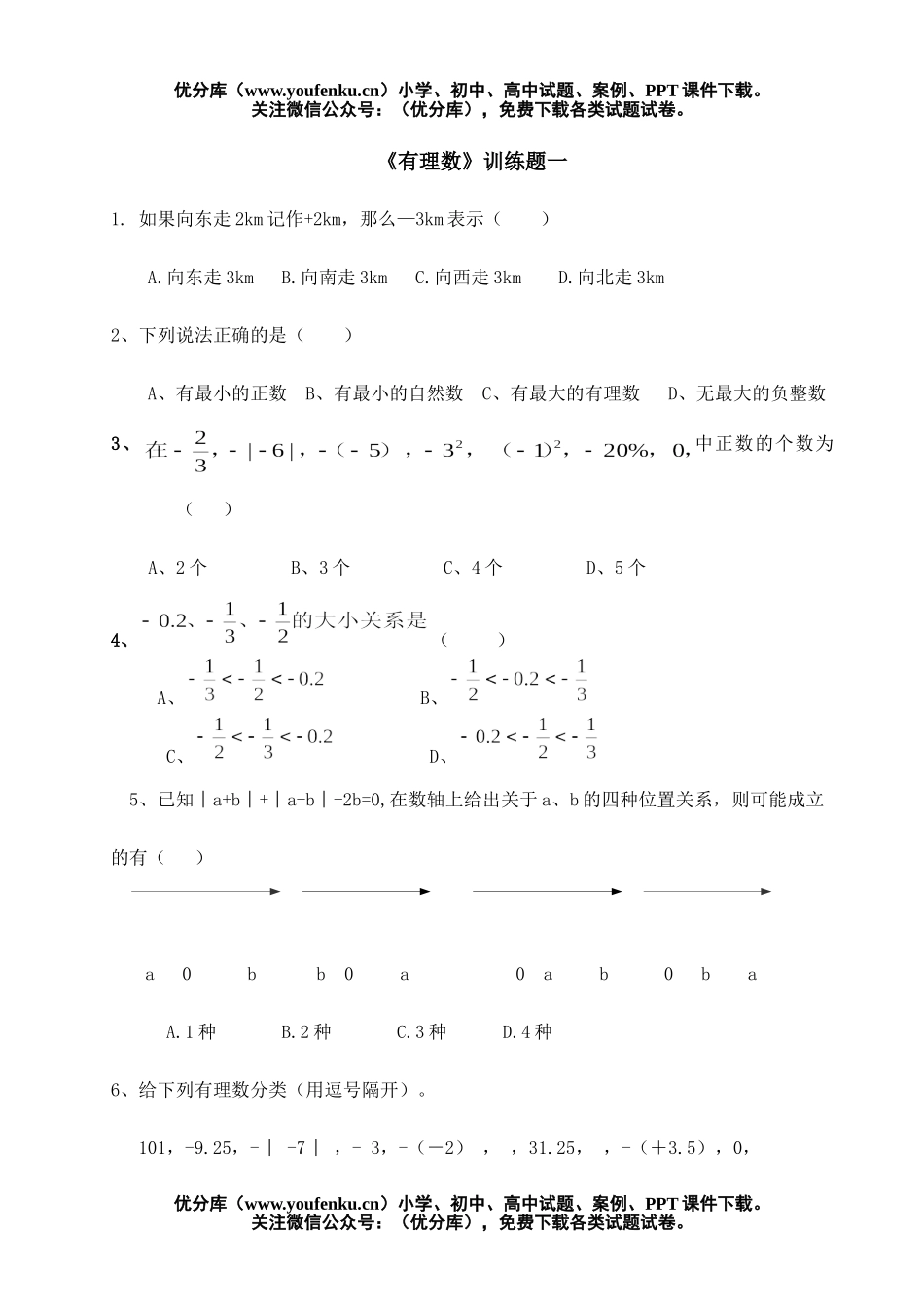 初中七年级数学《有理数》训练题一[上学期]试卷_第1页