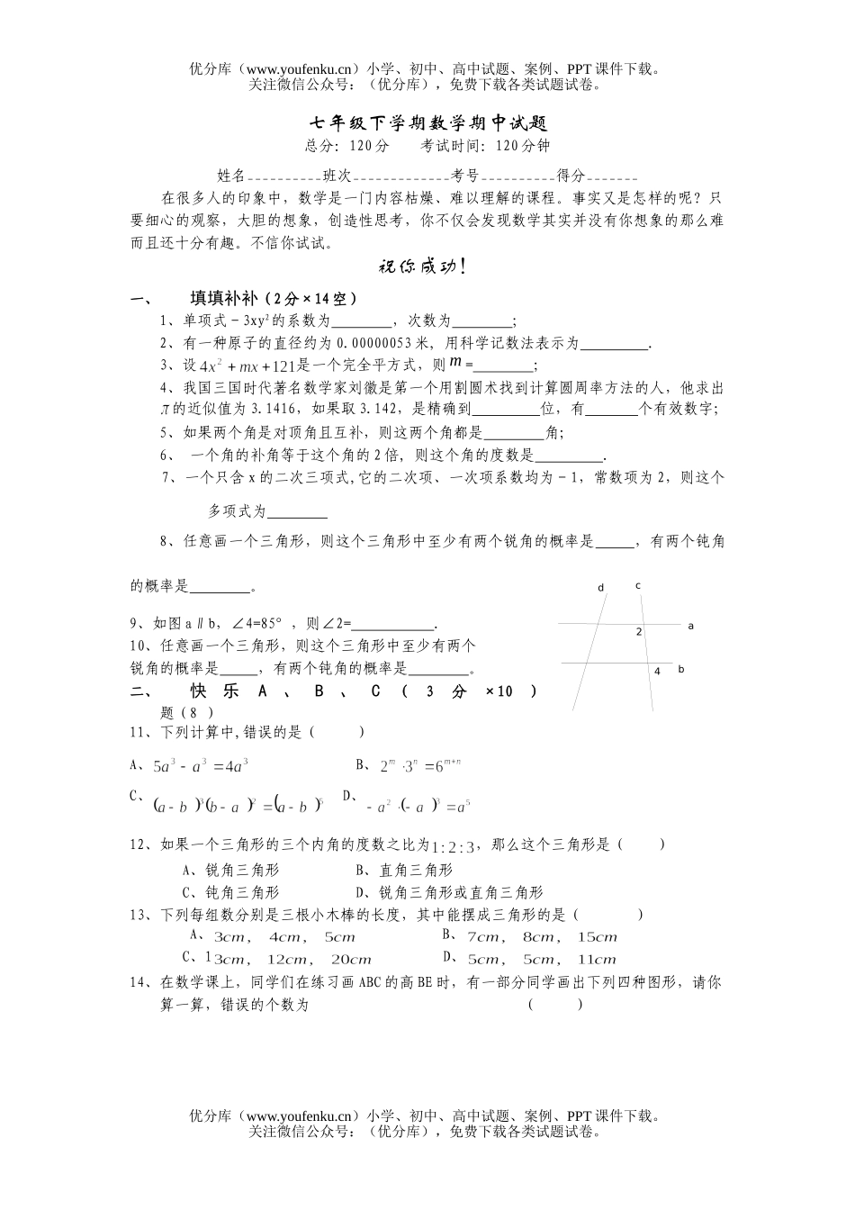 初中七年级数学下学期期中试卷_第1页