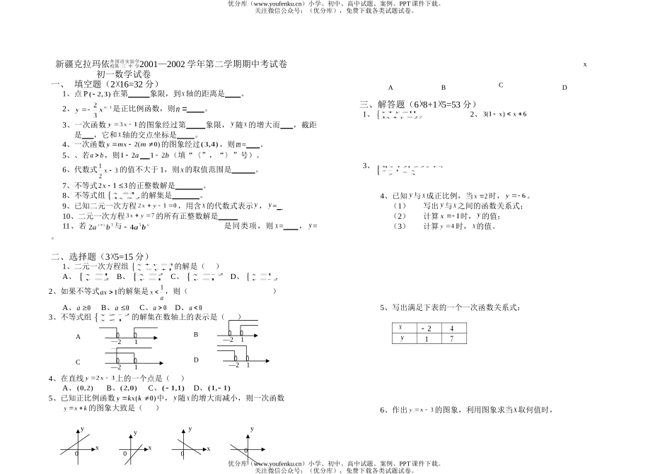 初中七年级数学第二学期期中试卷_第1页