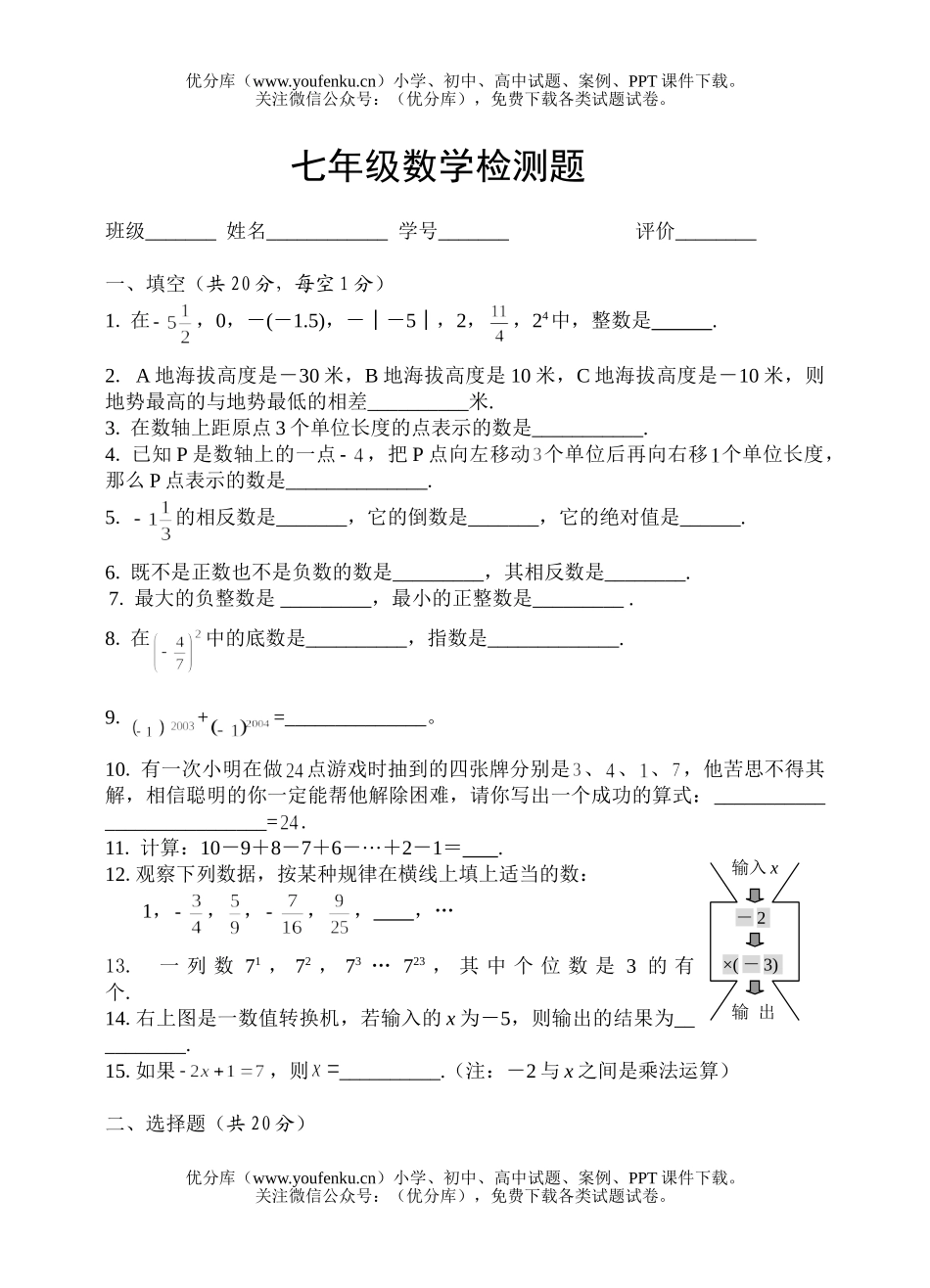 初中七年级数学检测题试卷_第1页