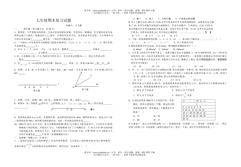 初中七年级数学期末考[上学期]试卷_第1页
