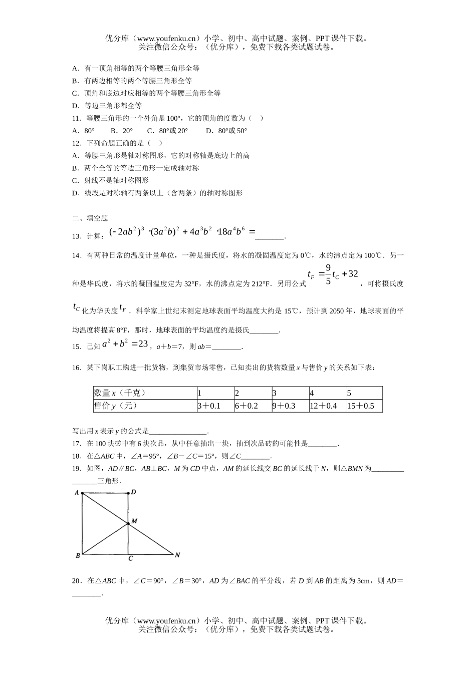 初中七年级数学北师大版下期末3试卷_第2页