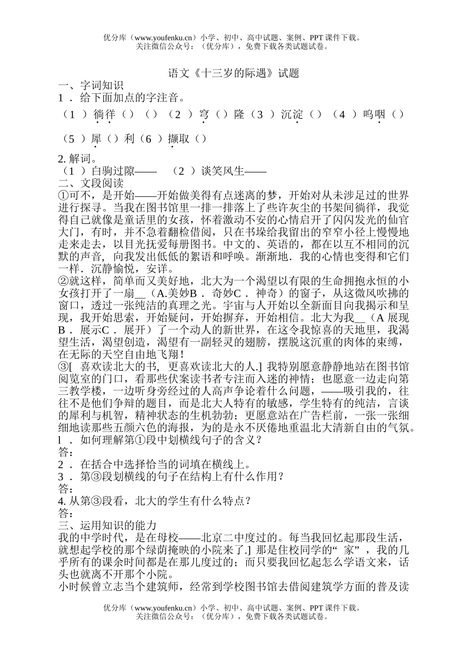 初中七年级语文《十三岁的际遇》试卷_第1页